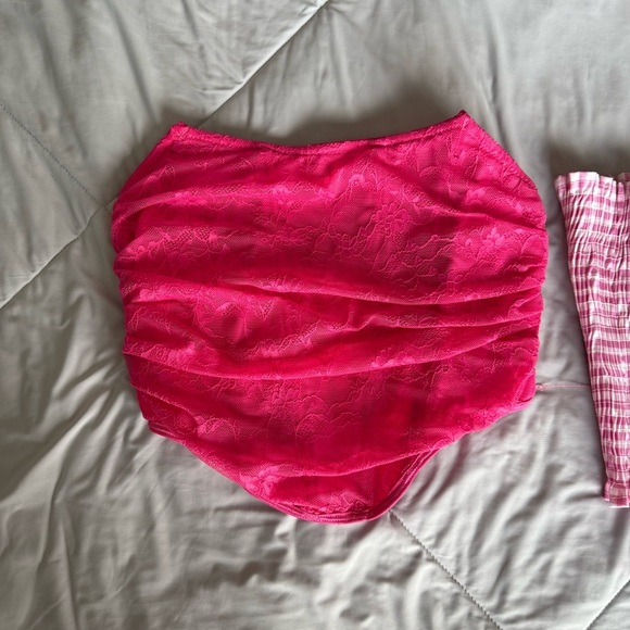 SHEIN Red, Pink, and Blue Bandeau Crop Tops Gingham Lace Ruffle Tops Bundle - Picture 4 of 12